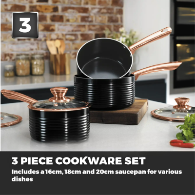 TOWER 3 PIECE NON-STICK SAUCEPAN SET LINEAR ROSE GOLD